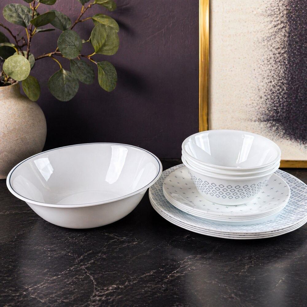 Corelle Boutique Farmstead Grey Blue 12-Piece Dinnerware Set 1135416 Partial
